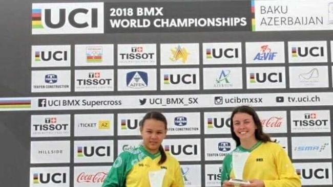 Clarence Valley BMX rider Tahlia Marsh with Australian teammate Caitlin Jong at the BMX World Championships in Azerbaijan in 2018. Picture: Clarence Valley BMX Club