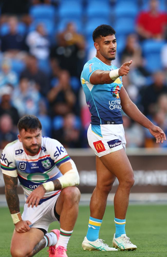 GOLD COAST, AUSTRALIA – JUNE 22: Alofiana Khan-Pereira of the Titans celebrates a try during the round 16 NRL match between Gold Coast Titans and New Zealand Warriors at Cbus Super Stadium, on June 22, 2024, in Gold Coast, Australia. (Photo by Chris Hyde/Getty Images)