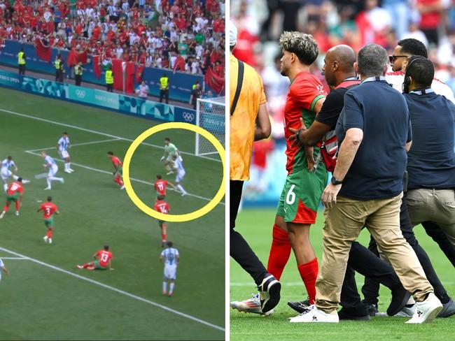 The goal was disallowed. 24: Abde Ezzalzouli of Team Morocco is followed by pitch invaders. Photo by Tullio M. Puglia/Getty Images and EuroSport.