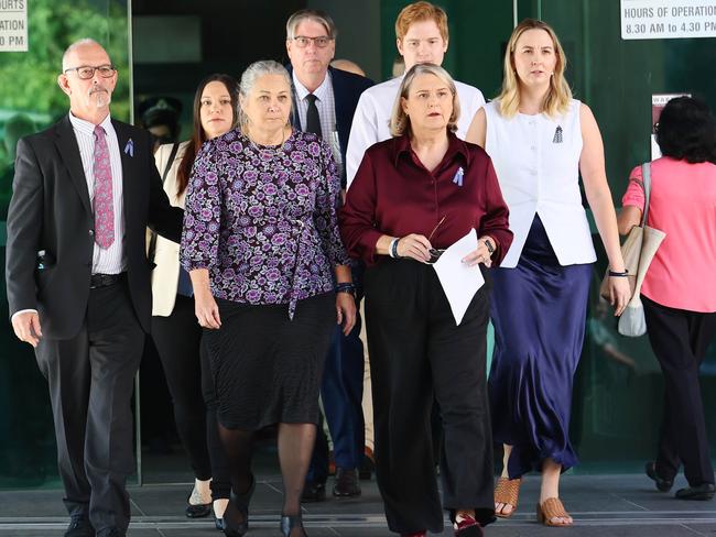 Family and friends of the slain police officers leave the Brisbane Magistrates court after the final day of the Wieambilla inquest. Picture: Tertius Pickard