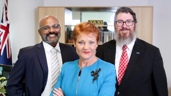 Pauline Hanson on Wednesday announced Raj Guruswamy and George Christiansen would run for One Nation the senate. Picture: Steve Pohlner