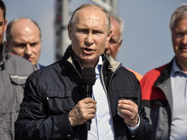 In this file photo taken on May 15, 2018 Russian President Vladimir Putin makes a speech during the opening ceremony of the bridge over the Kerch Strait. Picture: AFP