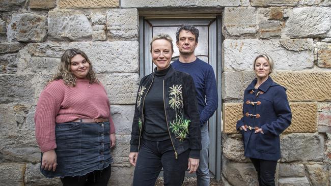 Kartanya Maynard with Marta Dusseldorp, Ben Winspear and Jane Johnson promoting The Bleeding Tree in 2020, which was Maynard’s first professional acting gig. Picture: Luke Bowden