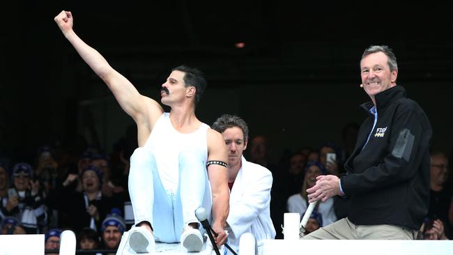 Nick Riewoldt goes down the slide as Freddie Mercury for the Big Freeze in 2019. Picture: Getty