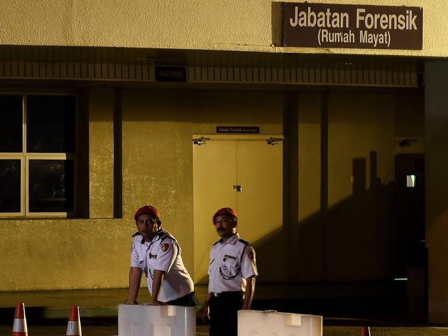 Malaysian private security guards stand guard outside the forensics department at Putrajaya Hospital in Putrajaya where the body of Kim Jong-nam was taken. Picture: Manan Vatsyayana/AFP