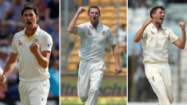 Australia's trio of quicks (L-R) Mitchell Starc, Josh Hazlewood and Pat Cummins) will look to intimidate the English bowling line-up.