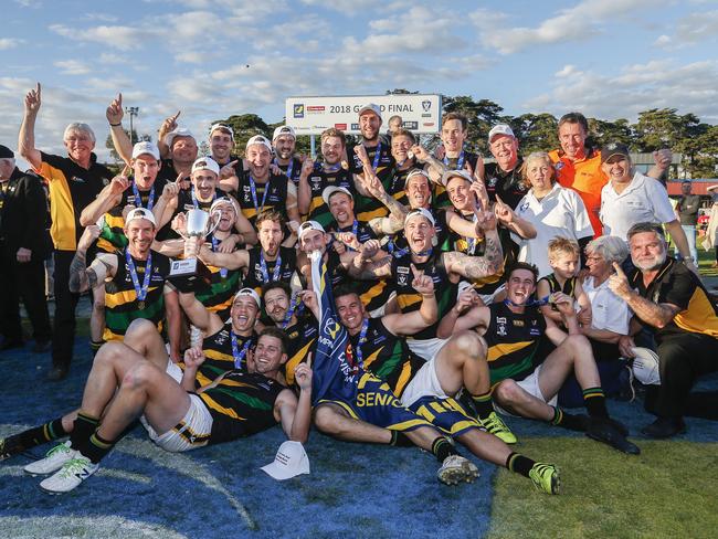 MPNFL Division 2 Grand Final: Red Hill v Dromana. Dromana players celebrate their 8 points victory. Picture: Valeriu Campan