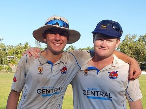 Darwin’s Wil Pilkington (right), with Tom Menzies, took three wickets against University Chargers. Picture: Darwin Cricket Club.