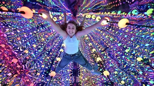 Alexis David, 11, explores the Infinite Karma room in Dopamine Land which is opening at Uptown. Picture: Lyndon Mechielsen/Courier Mail