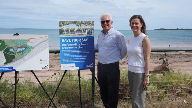 Darwin mayor Kon Vatskalis and City of Darwin chief executive Simone Saunders with the Bundilla Beach master plan draft. Picture: Supplied