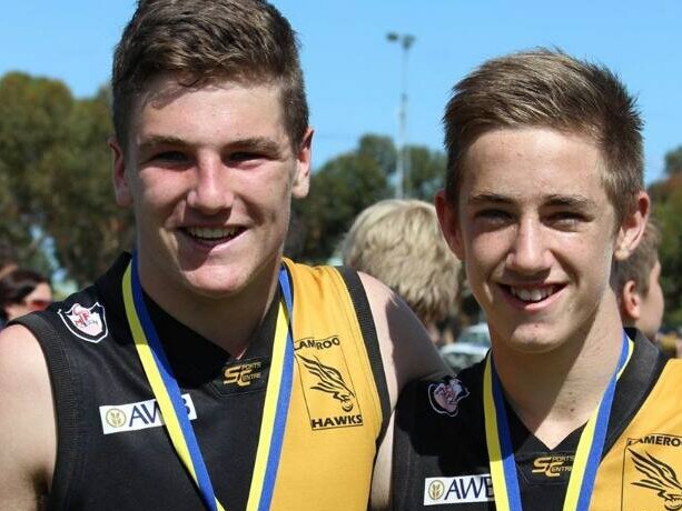 Charlie Hay (right) during his days playing for the Lameroo Hawks in the Mallee Football League