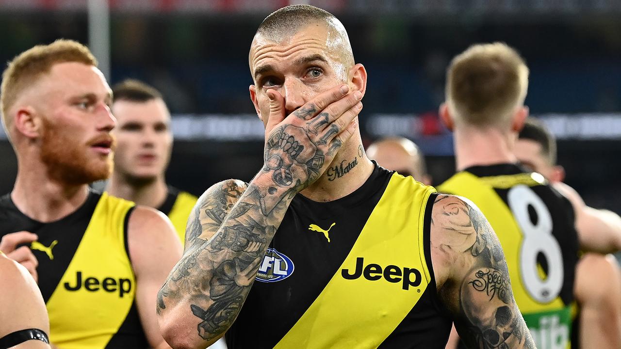 MELBOURNE, AUSTRALIA - MAY 07: Dustin Martin of the Tigers looks dejected after losing the round eight AFL match between the Richmond Tigers and the Geelong Cats at Melbourne Cricket Ground on May 07, 2021 in Melbourne, Australia. (Photo by Quinn Rooney/Getty Images)