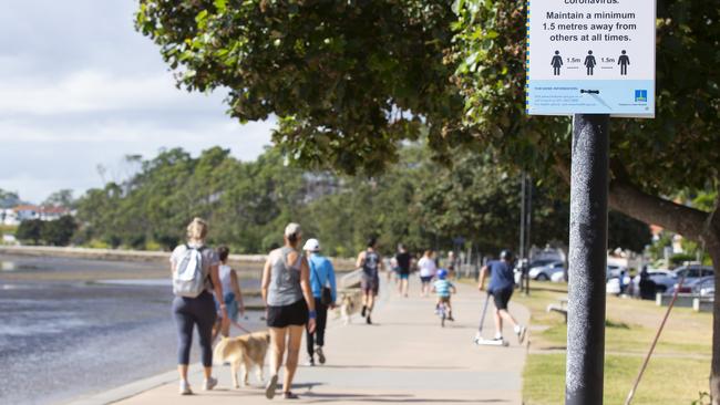 People exercising along the foreshore off Flinders Pde, Sandgate on April 15. Picture; Renae Droop