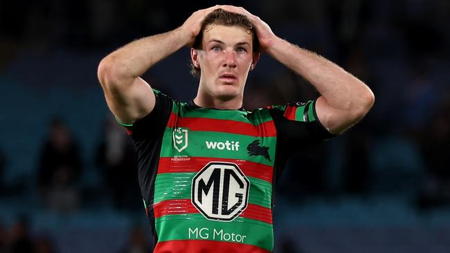 SYDNEY, AUSTRALIA - SEPTEMBER 01:  Campbell Graham of the Rabbitohs looks dejected after the round 27 NRL match between South Sydney Rabbitohs and Sydney Roosters at Accor Stadium on September 01, 2023 in Sydney, Australia. (Photo by Matt King/Getty Images)