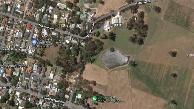 The private dam at Echunga which is threatening the Adelaide Hills township. Picture: Google