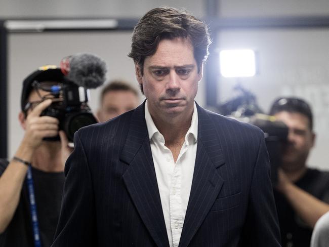 AFL CEO Gillon McLachlan announcing at a press conference today that the 2020 season was being postponed until May 31..  22/03/2020.     . Pic: Michael Klein