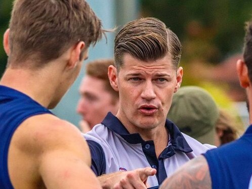 Broadbeach Cats QAFL coach Beau Zorko addresses the players. Picture credit: Travis Johnson.