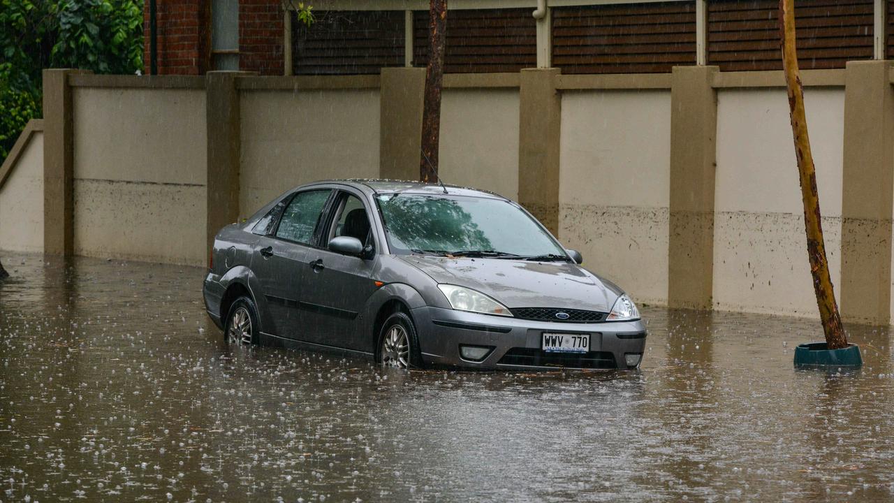 The wall behind the car shows the maximum water level reached. Picture: Brenton Edwards