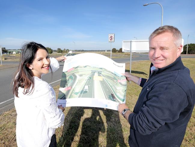 State Minister for infrastructure Jeremy Rockliff and Liberal candidate Jane Howlett announced temporary measures to reduce traffic congestion at the Hobart International Airport roundabout. Picture: PATRICK GEE