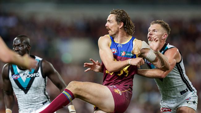 Joe Daniher kicks one of his five goals in a dominant role up forward for the Lions. (Photo by Russell Freeman/AFL Photos via Getty Images)