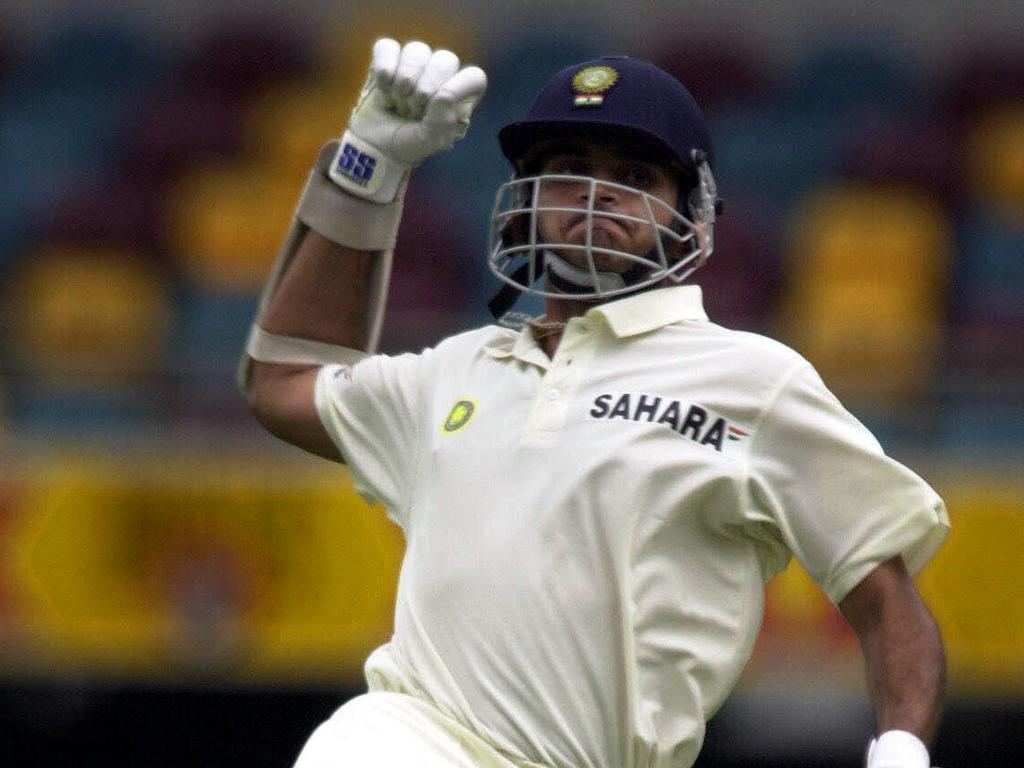 Sourav Ganguly jumps for joy after reaching his century at the Gabba.