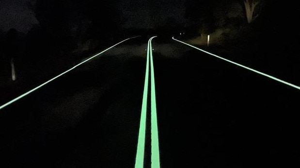 Victoria trialled glow-in-the-dark markings on Metong Road in 2022. Picture: Supplied