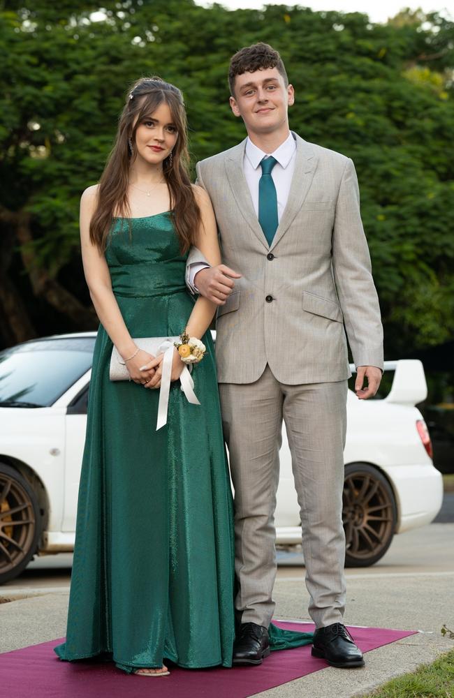 Zahlia Foster and Lincoln Neal, graduating class of 2023, arrive at St Patricks Formal on Friday, May 5, 2023. Gympie, Queensland. Picture: Christine Schindler