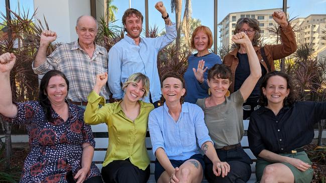 Binybara Camp protesters Victor John Segar Bastard, back left, Adam Smart, Gayle Laidlaw and Julie Fraser, with Billiee Mc Ginley, front left, Daisy Kennington Kathryn Moir, and Alice Nagy outside Darwin Local Court over Lee Point trespass charges.