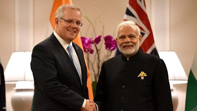 Scott Morrison and Indian Prime Minister Narendra Modi meet for a bilateral meeting during at the 2018 ASEAN Summit in Singapore.