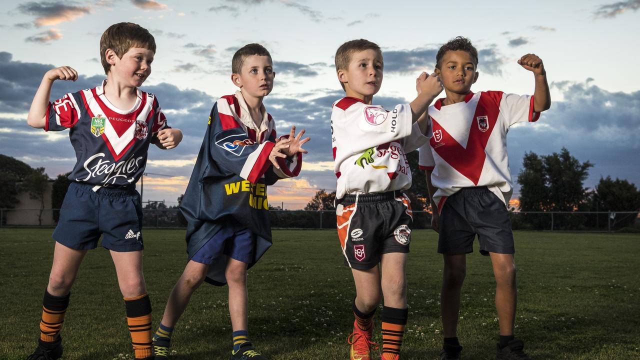 Souths Junior Rugby League players (from left) Charlie Borchardt, Levi Mills, George Gainey and Metui Pengilly are excited for the NRL game in Toowoomba, Thursday, August 19, 2021. Picture: Kevin Farmer