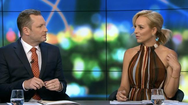 Carrie Bickmore (right) has clashed with The Project co-host Peter van Onselen (left) after he wrote a column describing Grace Tame as “childish” over an icy meeting the Australian of the Year had with the PM. (Picture: Channel 10)