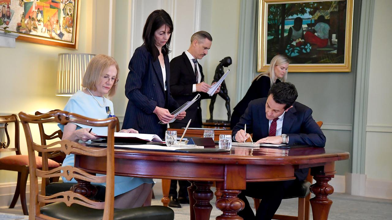 Governor of Queensland Dr Jeannette Young and new Premier David Crisafulli on Monday. Picture: NewsWire / John Gass