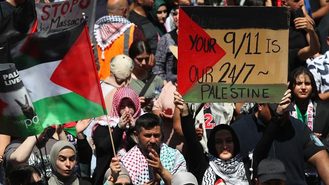 Palestine supporters gather during a protest at Town Hall in Sydney, Australia. Picture: Getty