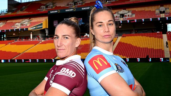 BRISBANE, AUSTRALIA - MAY 15: Ali Brigginshaw of Queensland and Kezie Apps of New South Wales pose for a photo during the 2024 Women's State of Origin Media Opportunity at Suncorp Stadium on May 15, 2024 in Brisbane, Australia. (Photo by Bradley Kanaris/Getty Images)