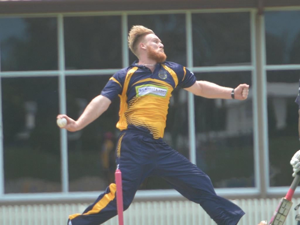 Liam Burgess fires down a delivery against Brothers in Mackay cricket competition. Photo Peter Holt / Daily Mercury