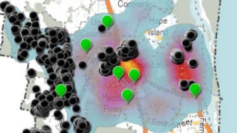 Mapping produced by the Gold Coast City Council – the red areas show the hot spots for storm damage from the Christmas Eve event. Black spots show doorknocking to check on residents.