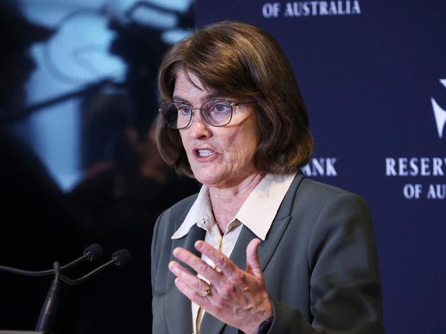 Australiaâs Reserve Bank Governor, Michele Bullock, speaks during the Monetary Policy Decision media conference in Sydney on February 18, 2025. Australia's central bank cut its key interest rate on February 18 for the first time in more than four years, but warned global turmoil could derail further easing. (Photo by DAVID GRAY / AFP)