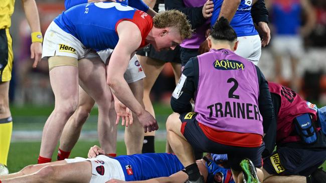 Angus Brayshaw remains in doubt for a possible preliminary final. (Photo by Quinn Rooney/Getty Images)