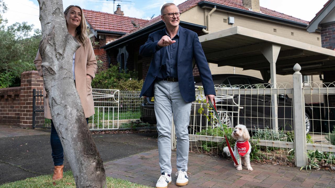 Anthony Albanese and his partner Jodie Haydon walk out his front-door in Marrickville. Picture: NCA NewsWire / Flavio Brancaleone