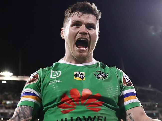 CANBERRA, AUSTRALIA - SEPTEMBER 27: John Bateman of the Raiders celebrates victory in the NRL Preliminary Final match between the Canberra Raiders and the South Sydney Rabbitohs at GIO Stadium on September 27, 2019 in Canberra, Australia. (Photo by Mark Metcalfe/Getty Images)