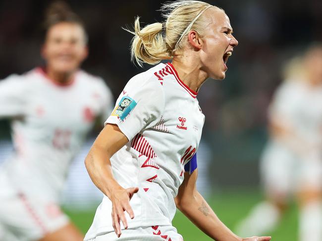 PERTH, AUSTRALIA - AUGUST 01: Pernille Harder of Denmark celebrates after scoring her team's first goal during the FIFA Women's World Cup Australia & New Zealand 2023 Group D match between Haiti and Denmark at Perth Rectangular Stadium on August 01, 2023 in Perth, Australia. (Photo by Paul Kane/Getty Images) *** BESTPIX ***