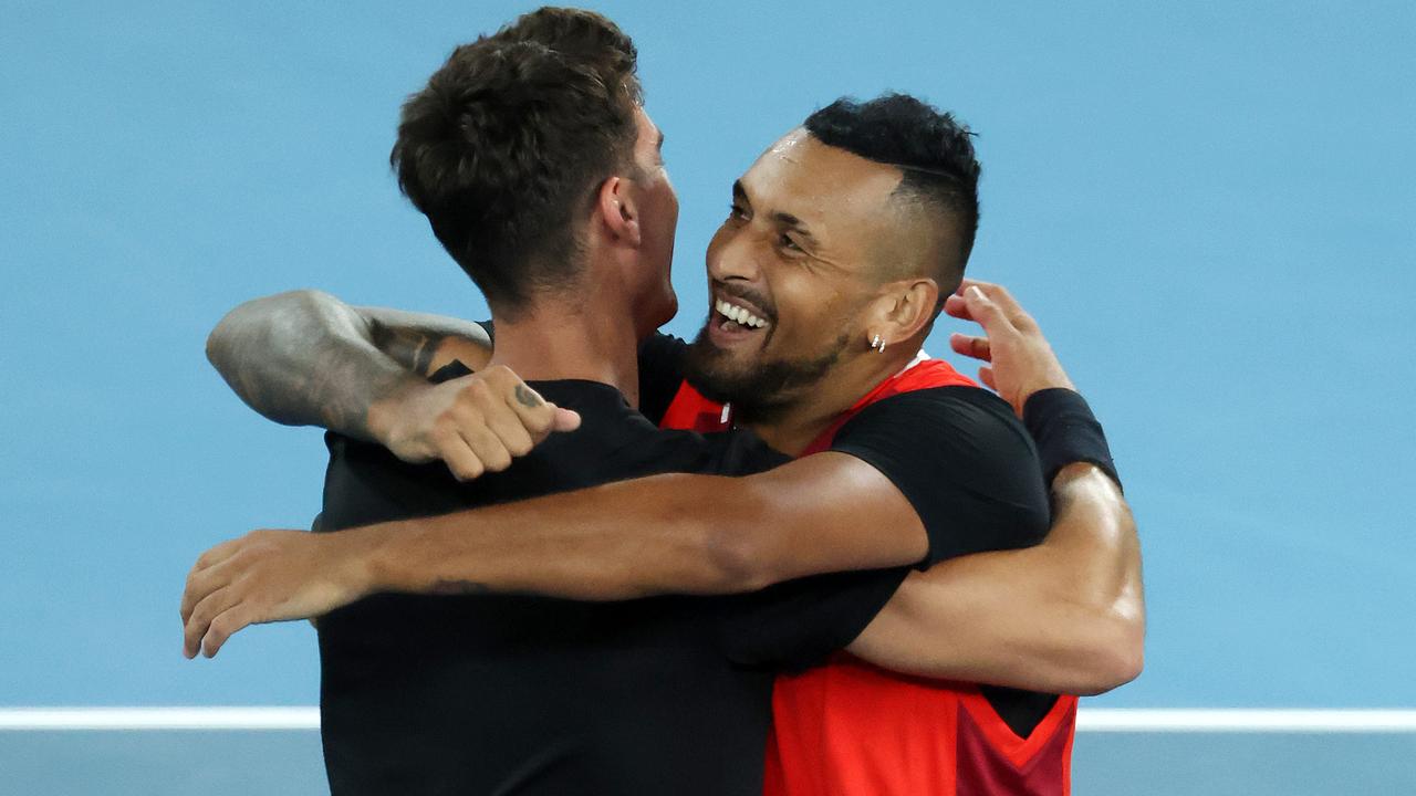 Nick Kyrgios and Thanasi Kokkinakis celebrate their win. Picture: Mark Stewart.