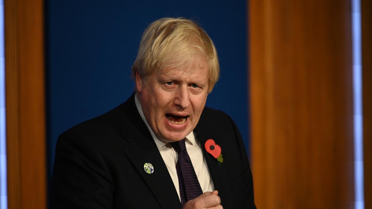 Britain's Prime Minister Boris Johnson speaks during a press conference inside the Downing Street Briefing Room in London. Picture: WPA Pool/Getty Images)