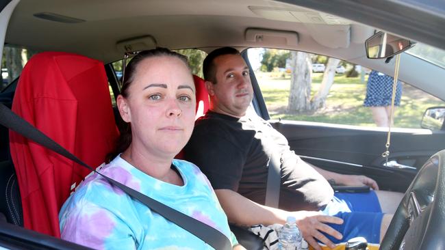 Leta-Jaye and James Wederin queue for Covid-19 testing at Caloundra Hospital. Picture: Steve Pohlner