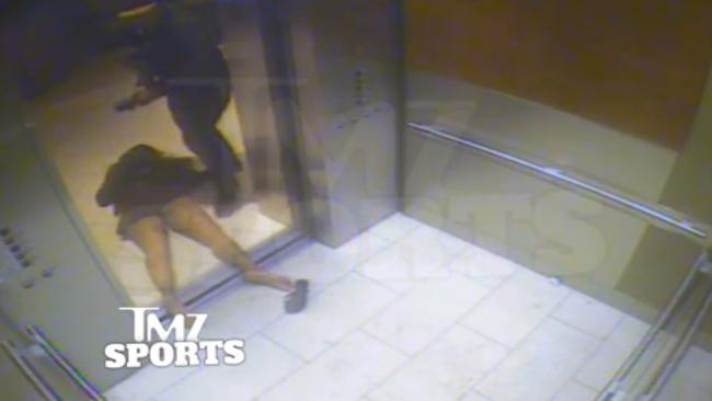 Still image from a hotel security video showing former Ravens running back Ray Rice dragging his fiancee, Janay Palmer, out of an elevator.