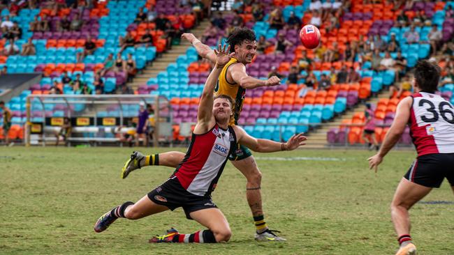 Wyatt Ryan and Connor McDonald in the Southern Districts vs PINT 2023-24 NTFL men's elimination final. Picture: Pema Tamang Pakhrin