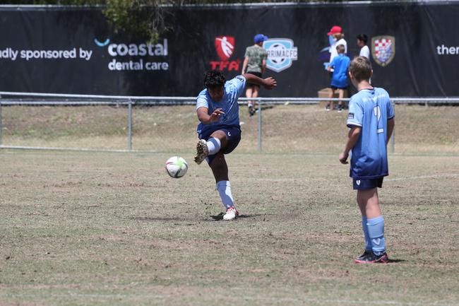 The Premier Invitational football tournament on the Gold Coast. Gold Coast Knights Red v Springfield United under-13s in action. Picture: Mike Batterham.