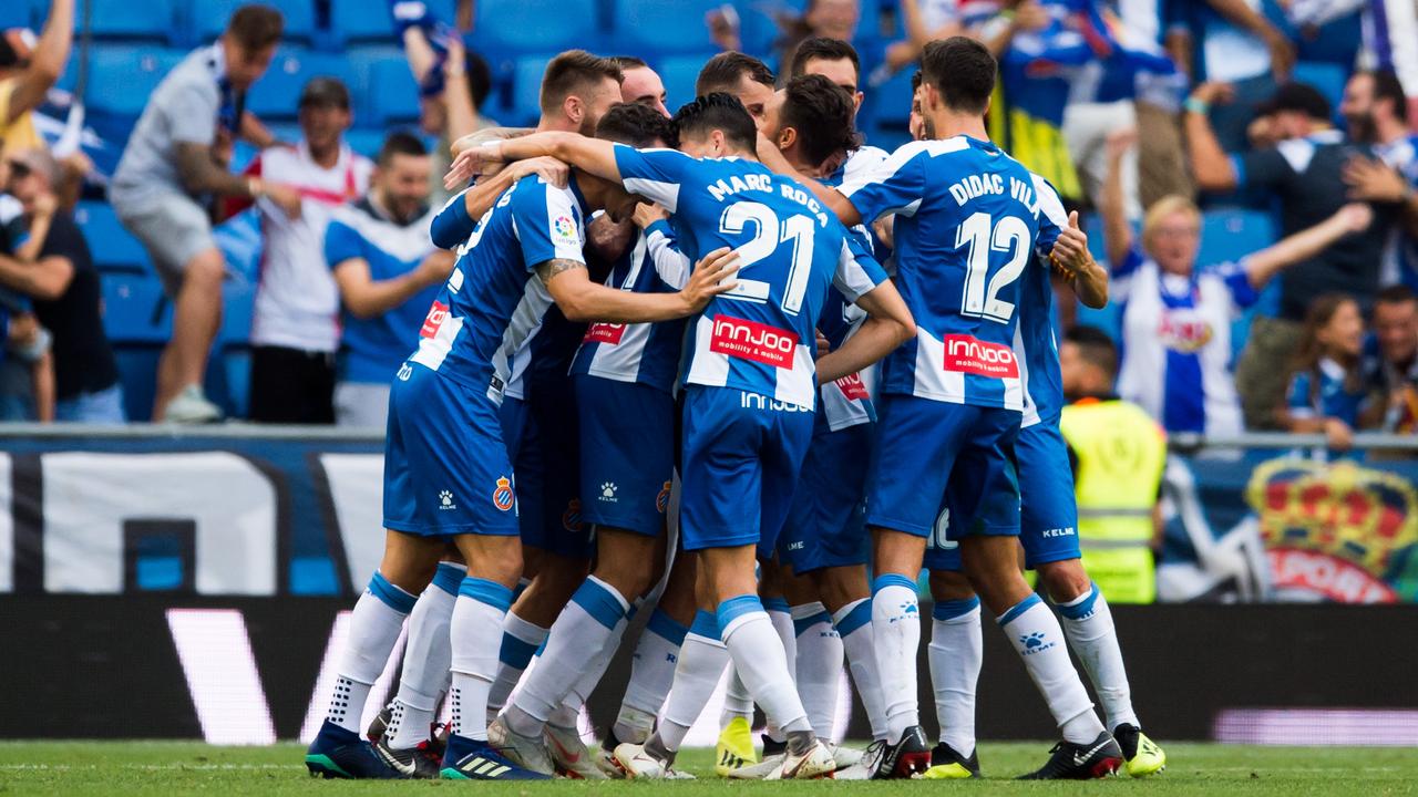 RCD Espanyol players celebrate. (Photo by Alex Caparros/Getty Images)