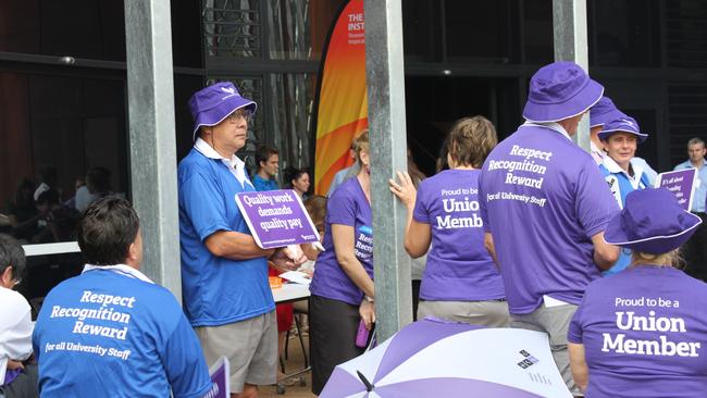 National Tertiary Education Union members protest at the James Cook University Cairns campus in 2018.