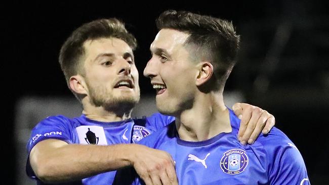 MELBOURNE, AUSTRALIA - JULY 25:  Liam Boland of Avondale FC celebrates with Kaine Sheppard after scoring their third goal during the FFA Cup round of 32 match between Avondale FC and Marconi Stallions FC at ABD Stadium on July 25, 2018 in Melbourne, Australia.  (Photo by Scott Barbour/Getty Images)